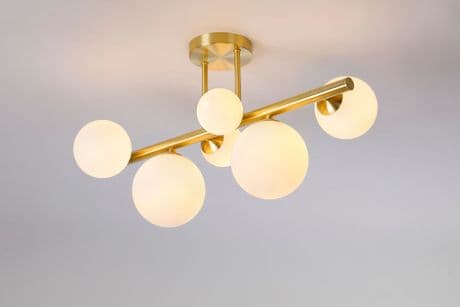 Rhoen 6 Light Fitting in Satin Gold with Opal Glass Shades