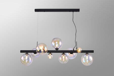 Rhoen 9 Light Linear Fitting in Satin Black with Iridescent Glass Shades