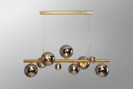 Rhoen 9 Light Linear Fitting in Satin Gold with Chrome Glass Shades