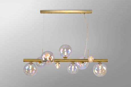 Rhoen 9 Light Linear Fitting in Satin Gold with Iridescent Glass Shades