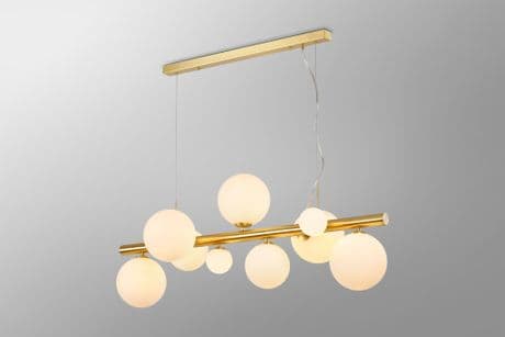 Rhoen 9 Light Linear Fitting in Satin Gold with Opal Glass Shades