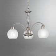 Thatcham 3 Light Fitting in a Satin Nickel Finish with Alabaster Effect Glass Shades