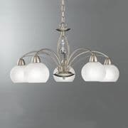 Thatcham 5 Light Fitting in a Satin Nickel Finish with Alabaster Effect Glass Shades