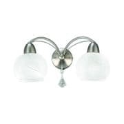 Thatcham Double Wall Light in a Satin Nickel Finish with Alabaster Effect Glass Shades