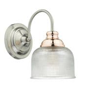 Wharfdale Single Wall Light in Satin Chrome and Copper with a Glass Shade, Switched - där WHA0746