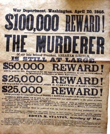 Abraham Lincoln Assassin Wanted Poster 1865