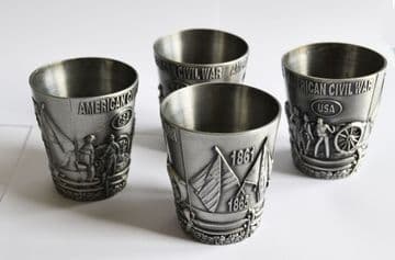 Civil War Novelty ACW Flags & Cannon Pewter Metal Shot Glass Set Of 4