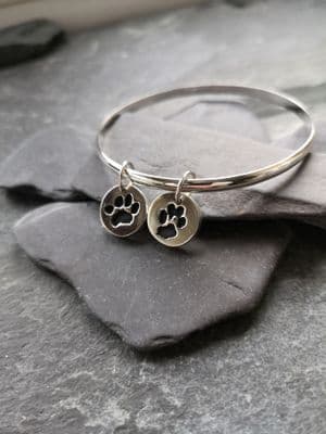 Silver Bangle with 2 Tiny Treasures Hand or Pawprint charms