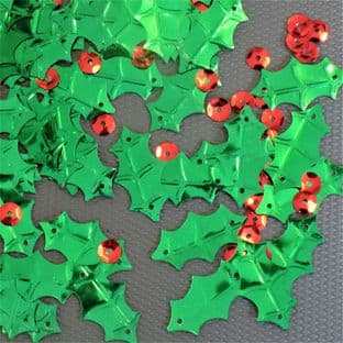 Metallic Green Holly Leaf Sequins x 100 now with round red 'berry' sequins