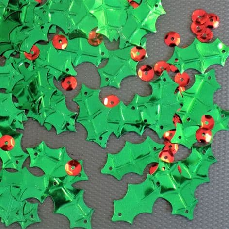 Metallic Green Holly Leaf Sequins x 100 now with round red 'berry' sequins