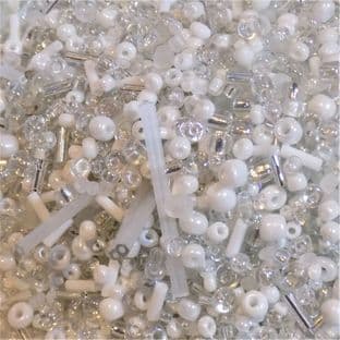 White, Clear and Silver Seed and Bugle Glass Bead Mix x 25g
