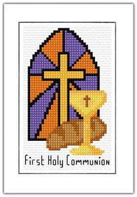1st / First Holy Communion: Orange + Lavender Blue Card, 14 Count Cross Stitch Kit