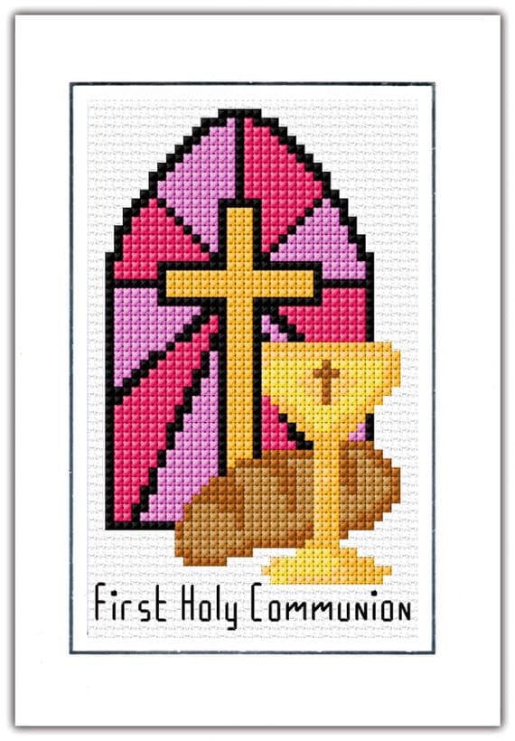 1st / First Holy Communion: Pink + Purple Card, 14 Count Cross Stitch Kit