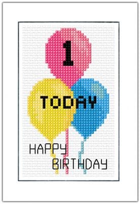 3 Balloons (Pink, Yellow & Blue), 1~9 Today Happy Birthday ~ 14 Count Cross Stitch Card Kit