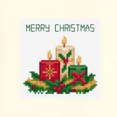 3 Colourful Candles: Merry or Happy Christmas Cross Stitch Card Kit | 14ct Square 5.5