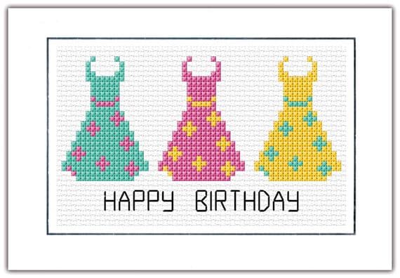 3 Dresses, Happy Birthday ~ 14 Count Cross Stitch Card Kit
