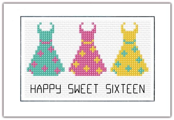 3 Dresses, Happy Sweet Sixteen ~ 14 Count Cross Stitch Card Kit