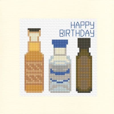 3 Miniature Spirit Bottles, Happy Birthday ~ Cross Stitch, Square Card Kit 5.5