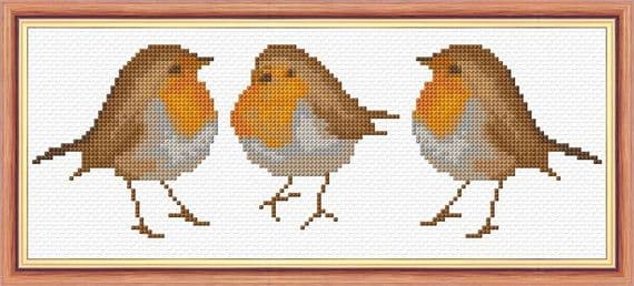3 Standing Robin Red Breasts Counted Cross Stitch Mini Kit | 14ct 10