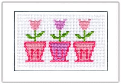 3 Tulip Flower Pots: Birthday & Mothers Day Cross Stitch Card Kit | 14ct A6