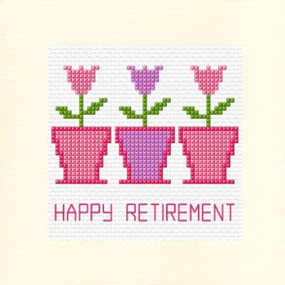 3 Tulip Flower Pots: Happy Retirement Cross Stitch Card Kit | 14ct Square 5.5