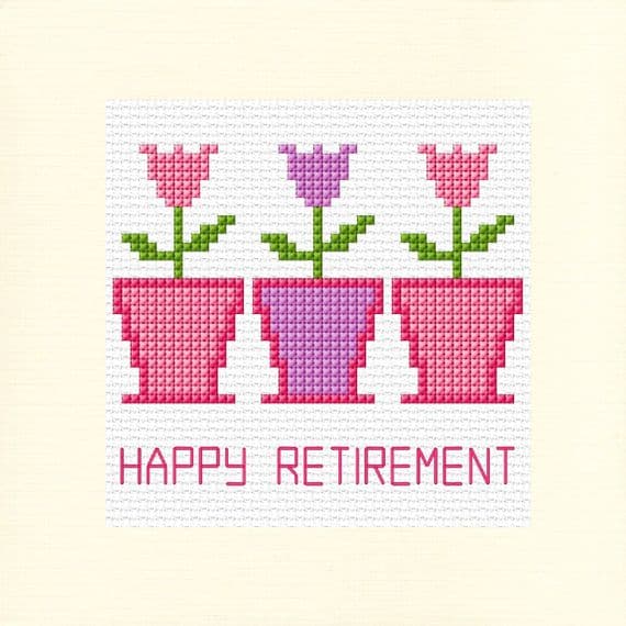 3 Tulip Flower Pots Happy Retirement Cross Stitch Card Kit | 14ct 5.5