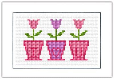 3 Tulip Flower Pots I ♡ U: Happy Valentines Day (Pink & Purple) Cross Stitch Card Kit | 14ct A6