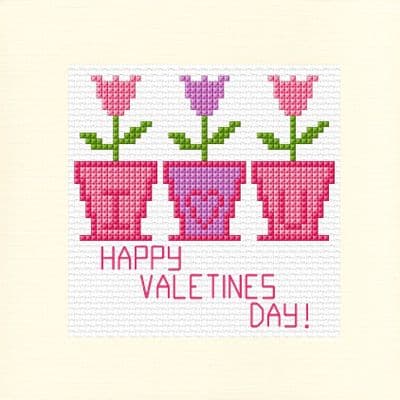 3 Tulip Flower Pots I ♡ U: Happy Valentines Day (Pink & Purple) Cross Stitch Card Kit | 14ct Square
