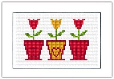 3 Tulip Flower Pots I ♡ U: Happy Valentines Day (Red & Yellow) Cross Stitch Card Kit | 14ct A6