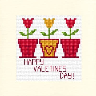3 Tulip Flower Pots I ♡ U: Happy Valentines Day (Red & Yellow) Cross Stitch Card Kit | 14ct Square