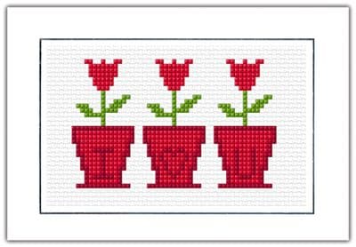 3 Tulip Flower Pots I ♡ U: Happy Valentines Day (Reds) Cross Stitch Card Kit | 14ct A6