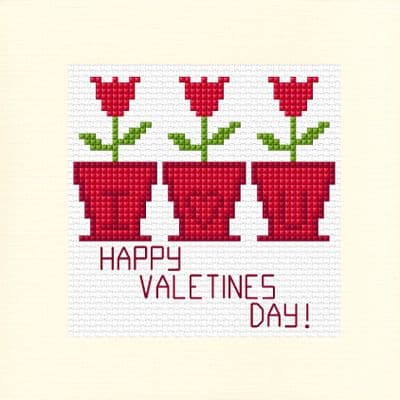 3 Tulip Flower Pots I ♡ U: Happy Valentines Day (Reds) Cross Stitch Card Kit | 14ct Square