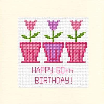 3 Tulip Flower Pots MUM: Happy Age Birthday Cross Stitch Card Kit | 14ct Square 5.5