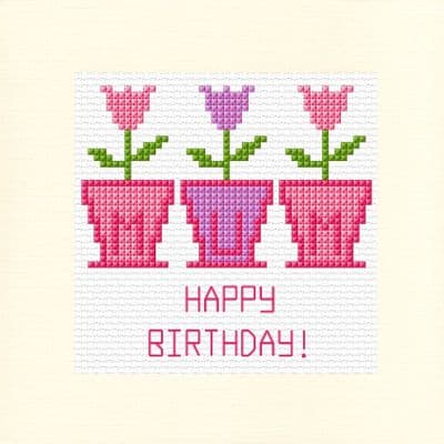 3 Tulip Flower Pots MUM: Happy Birthday Cross Stitch Card Kit | 14ct Square 5.5
