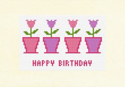 4 Flower Pots, Happy Birthday Greeting Card A5 Cross Stitch Kit