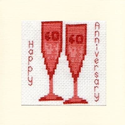 40th Glasses: Ruby Wedding Anniversary Cross Stitch Card Kit | 14ct Square 5.5