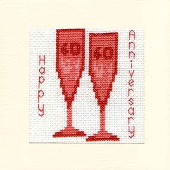40th Ruby Wedding Anniversary Glasses Cross Stitch Card Kit | 14ct Square