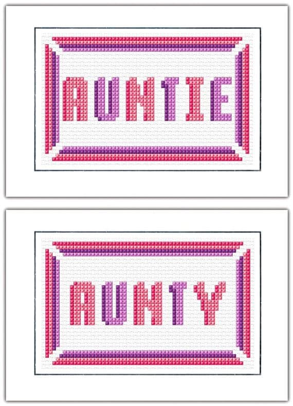 Auntie/Aunty, Pink + Purple Block Wording ~ Plain/Birthday Cross Stitch Card Kit 6