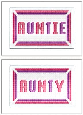 AUNTIE or AUNTY Block Wording: Pink & Purple Cross Stitch Card Kit | 14ct A6