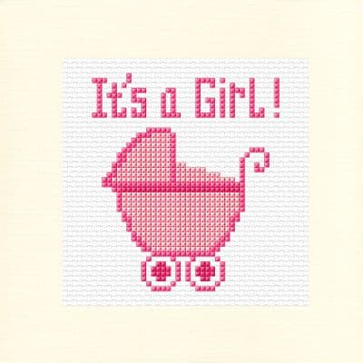 Baby Pram: It's a Girl (Pink) Cross Stitch Card Kit | 14ct Square 5.5
