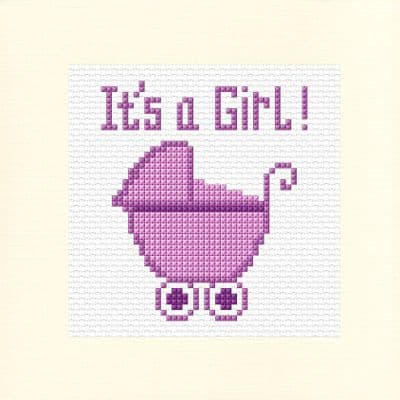 Baby Pram: It's a Girl (Purple) Cross Stitch Card Kit | 14ct Square 5.5
