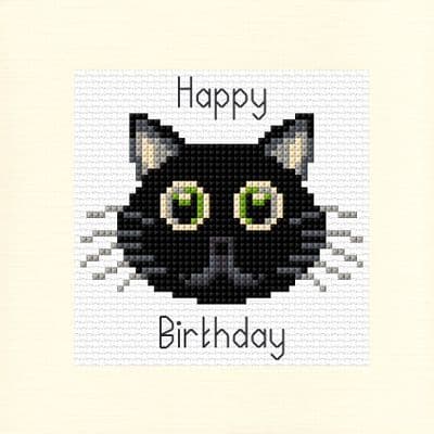Black Cartoon Cat: Happy Birthday Cross Stitch Card Kit | 14ct Square 5.5