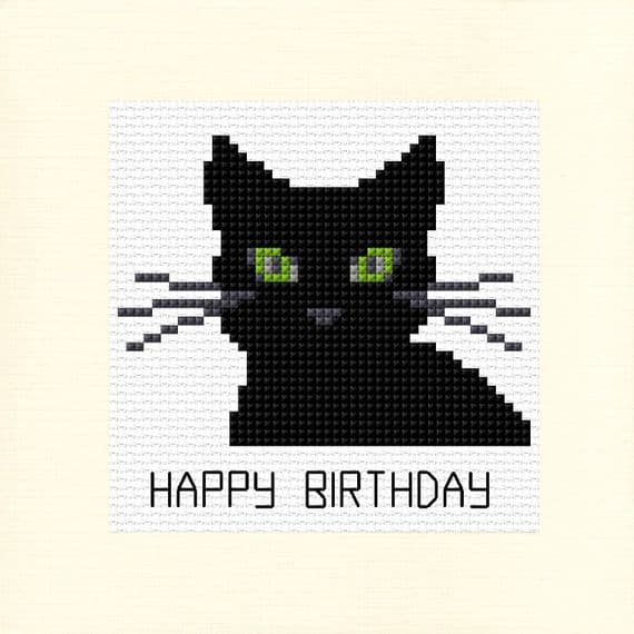 Black Cat Silhouette Happy Birthday Cross Stitch Card Kit | 14ct Square 5.5