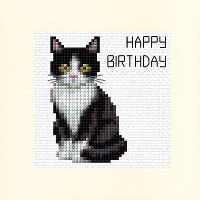 Black & White Cat: Happy Birthday Cross Stitch Card Kit | 14ct Square 5.5