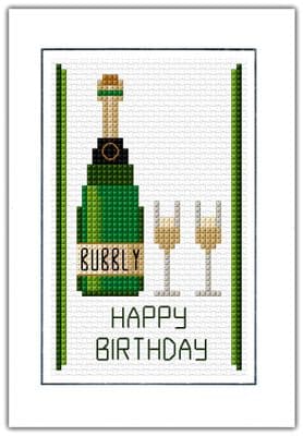 Bottle of Bubbly & Glasses: Happy Birthday Cross Stitch Card Kit | 14ct A6