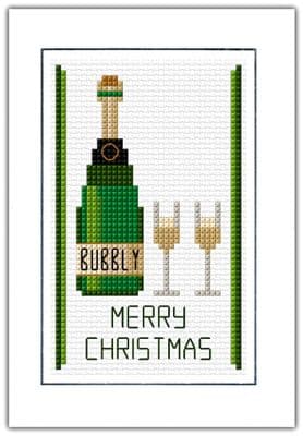 Bottle of Bubbly & Glasses: Merry or Happy Christmas Cross Stitch Card Kit | 14ct A6