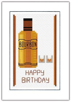 Bourbon Bottle & Glasses: Happy Birthday ~ Cross Stitch, A6 Card Kit