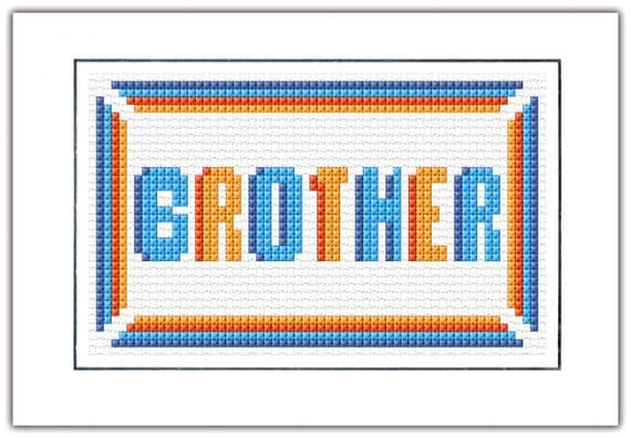 Brother, Blue + Orange Block Wording ~ Plain/Birthday Cross Stitch Card Kit 6