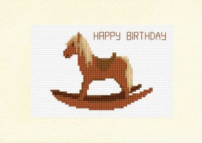 Brown Rocking Horse,  Happy Birthday Greeting Card A5 Cross Stitch Kit