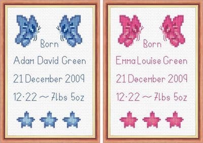 Butterflies & Stars ~ Baby Boy/Girl Birth Sampler/Announcement ~ 14 Count Cross Stitch